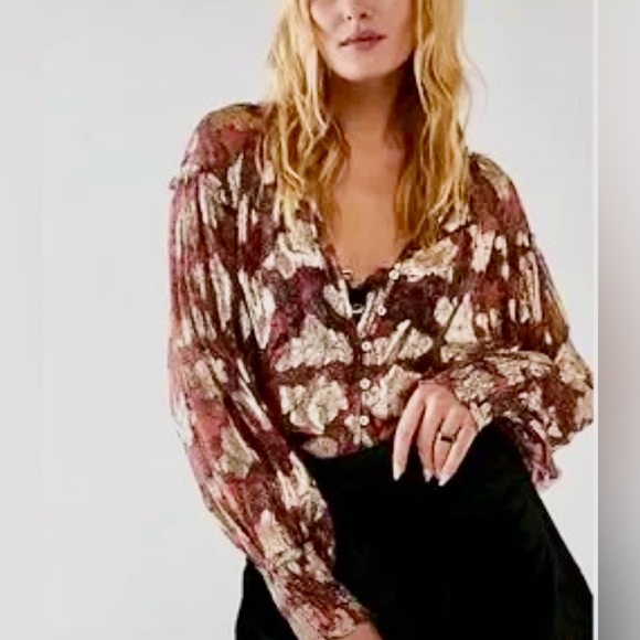 FREE PEOPLE Sheer bohemian oversized floral blouse size small gold Anthropology - Picture 1 of 11